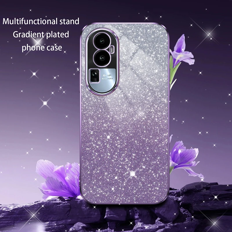 Custodia Per Oppo Reno 10 Pro 5G Con Glitter E Fiori - Cover Trasparente Antiurto In Silicone Morbido (Blu)