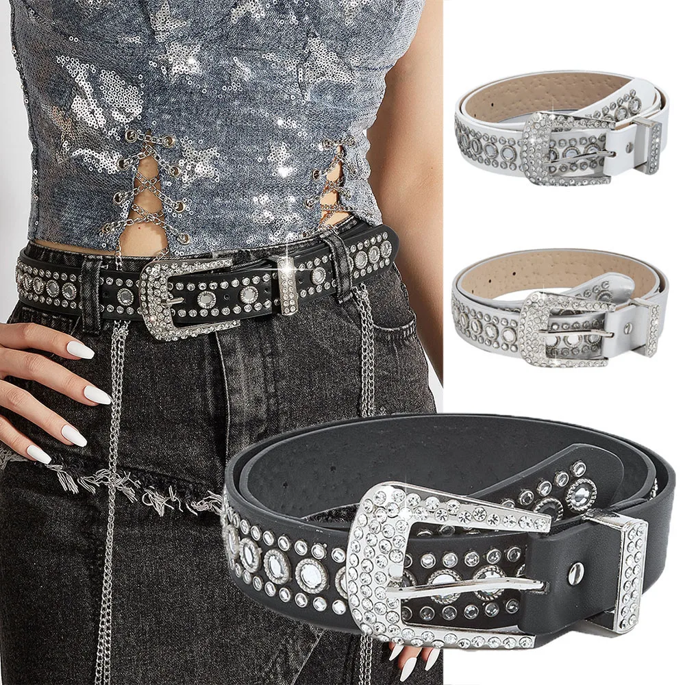 

Punk Rivet Rhinestone Belt Adjustable Metal Buckle PU Leather Crystal Studded Waist Strap Women Men Pants Jeans Waistband DIY