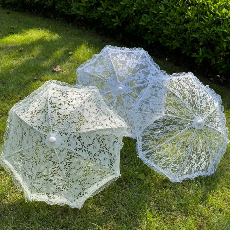 Ombrello Da Sposa In Pizzo Di Cotone Con Manico In Legno - Per Matrimoni E Foto - Foto 4