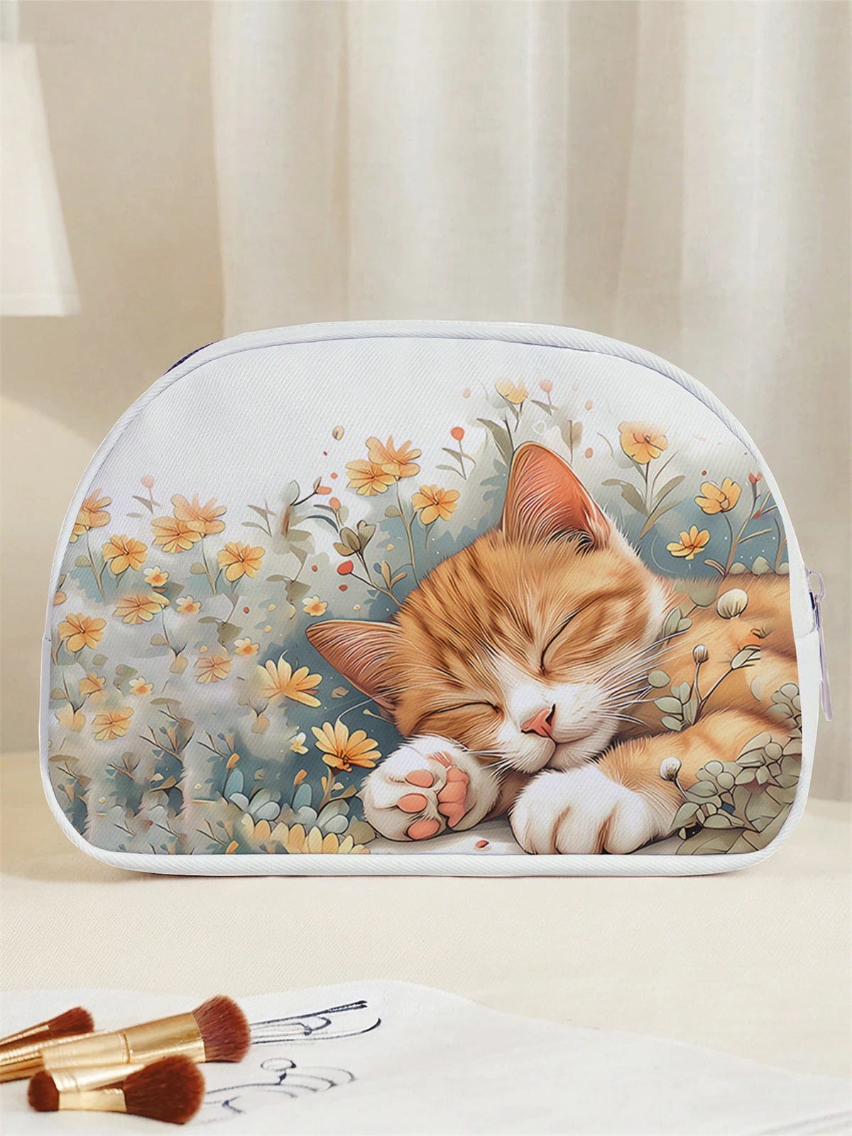 Cute cat pattern printed makeup bag, multi pocket design, portable toiletry bag, lightweight, suitable for travel and outings
