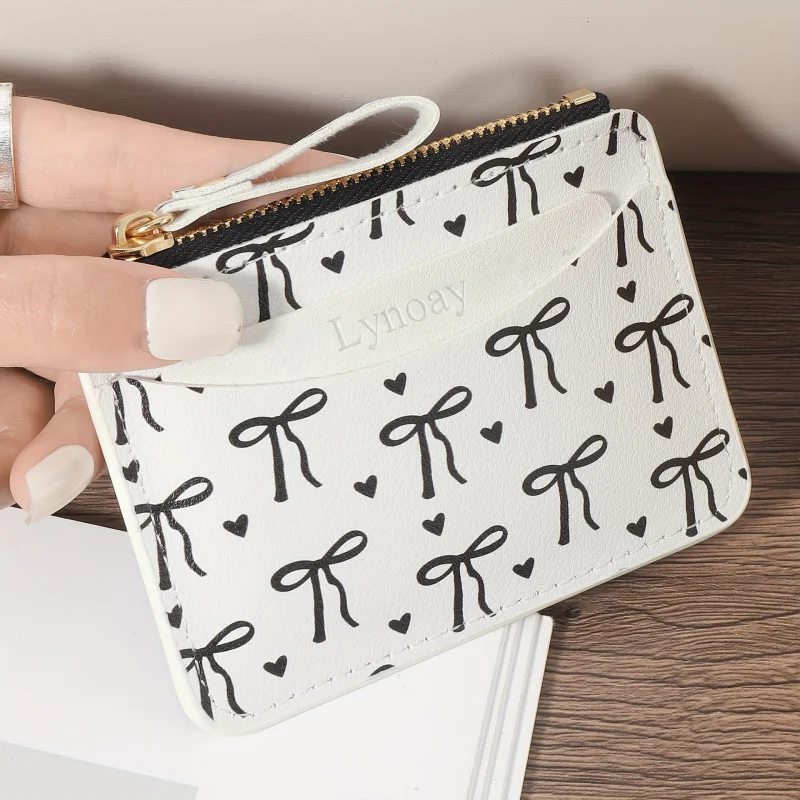 Women's Ultra Thin Zipper Wallet Pink Heart Bow Card Holder Lightweight Daily Use Card Case Zip Closure