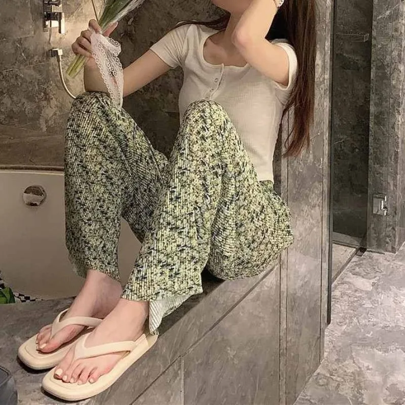 Women's Summer New Fashion Sweet Elasticized High-waisted Pleated Geometric Printed Loose Ruched Straight Casual Wide Leg Pants