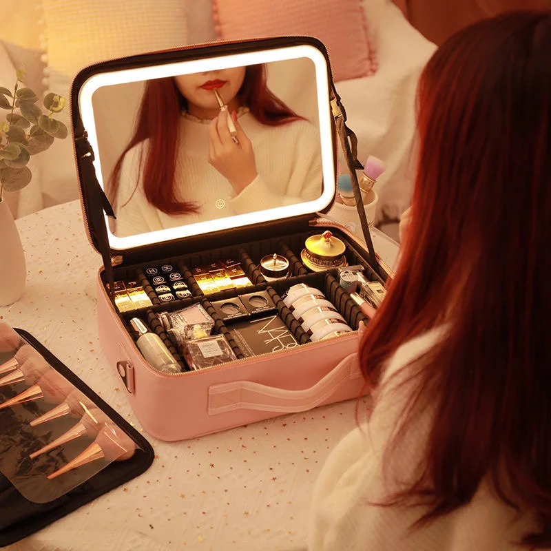 Lighted Cosmetic Case with Mirror LED Portable Cosmetic Bag Large-capacity Makeup Storage Box