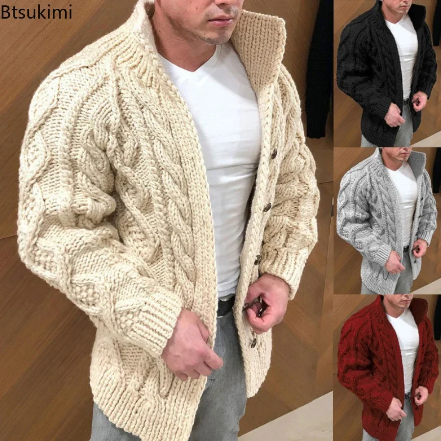 New 2024 Autumn Winter Men's Warm Coat Cardigan Sweater Stretchy Long Sleevev Twist Texture Thermal Sweater Coat Male кардиган кардиган чарующее мгновение