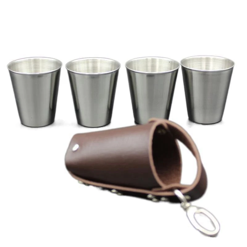 

3set 70ml stainless steel wine cup Drinkware With Keychain leather case Beer cups For Outdoor camping Travel