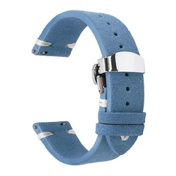 Luxury Suede Leather Watch Strap with Butterfly Buckle - Vintage - Style Wristband Accessory - 22mm (Light Blue - White)