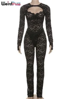 Weird Puss See Through 2 Piece Set Women Sexy  Hollow Jacquard Backless Bodysuit+Leggings Tight Activity Clubwear Skinny Outfits - Image 3