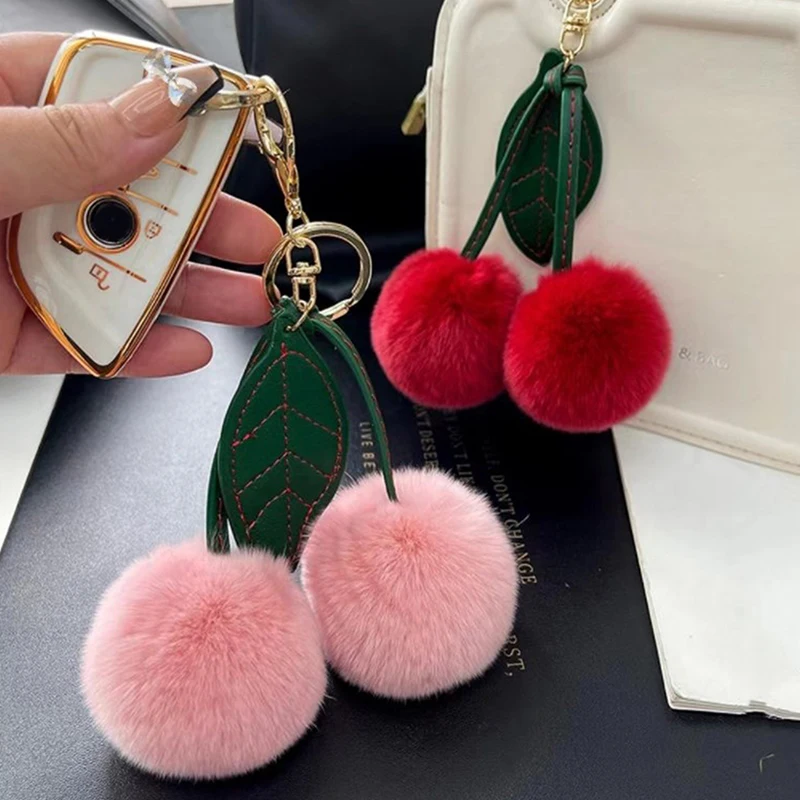 

New Otter Rabbit Hair Cherry Multi-color Car Keychain Pendant Cute Pompom Doll Doll Bag Bag Hanging Key Chains for Women Gift