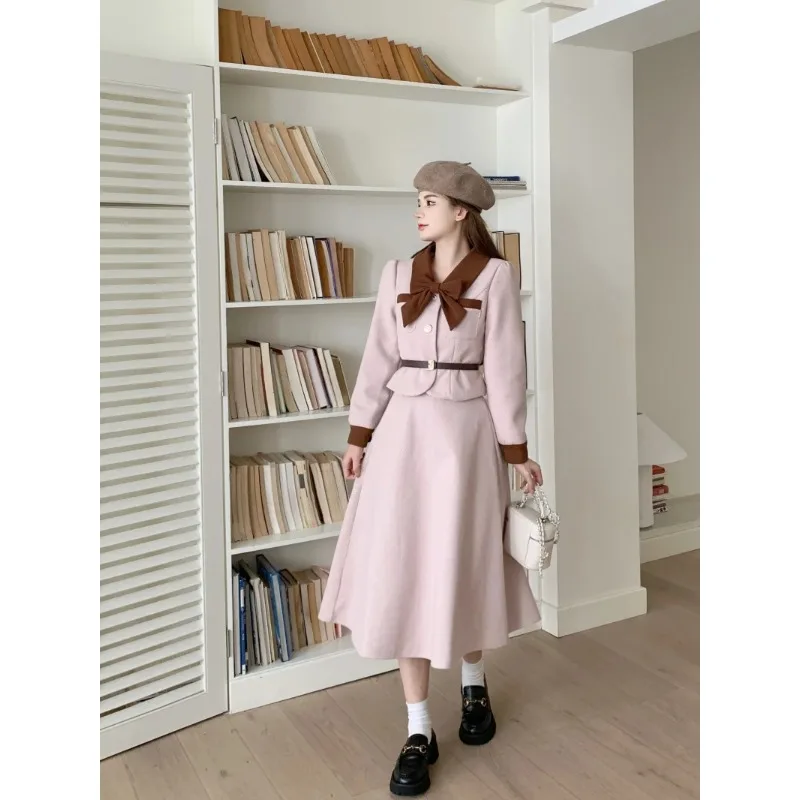 

UNXX Women Autumn/Winter French Small Fragrance Blazer Half Skirt Sets Vintage Bow Knot Contrast Suit + Half Skirt Two Piece Set