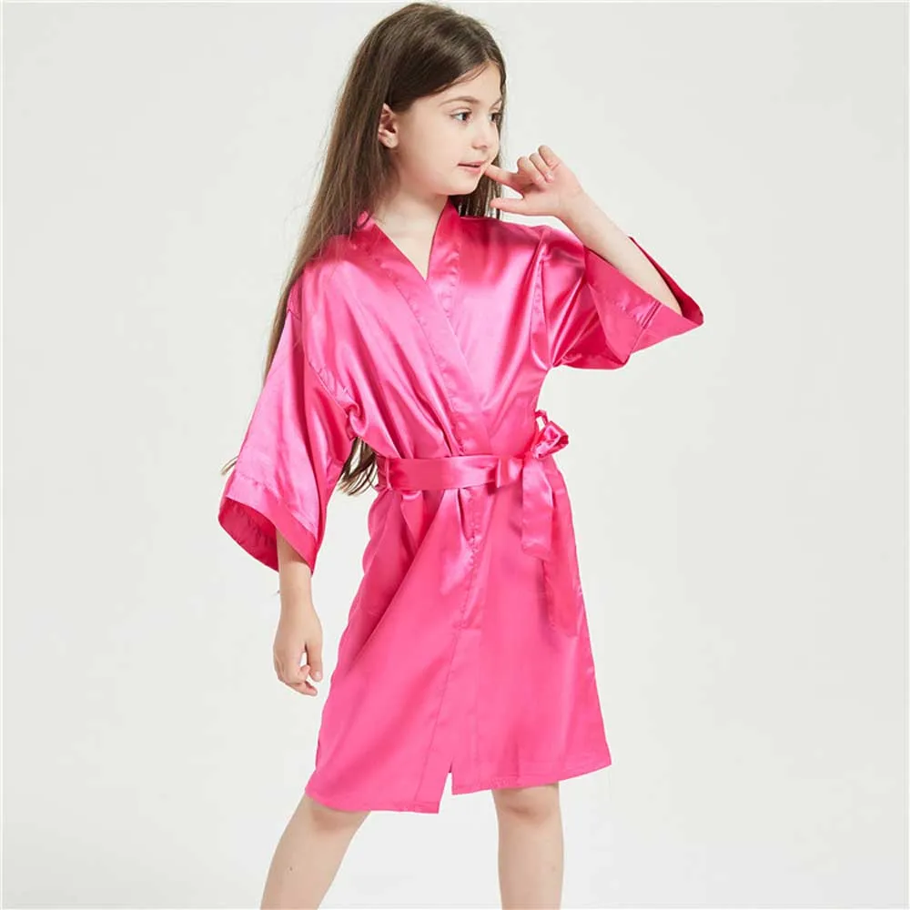 Kids Satin Black Kimono Robe Solid Girl Peacock Bath Robes for Wedding Spa Party Gifts Bridal Lingerie Sleepwear Bathrobe