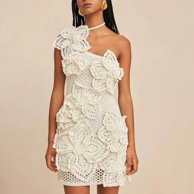 Knit 3d Flower Mini Dress Women Sexy Slim Hollow Out Hip Package Skew-collar Halter Beach Dresses Holiday Party Lady Robe