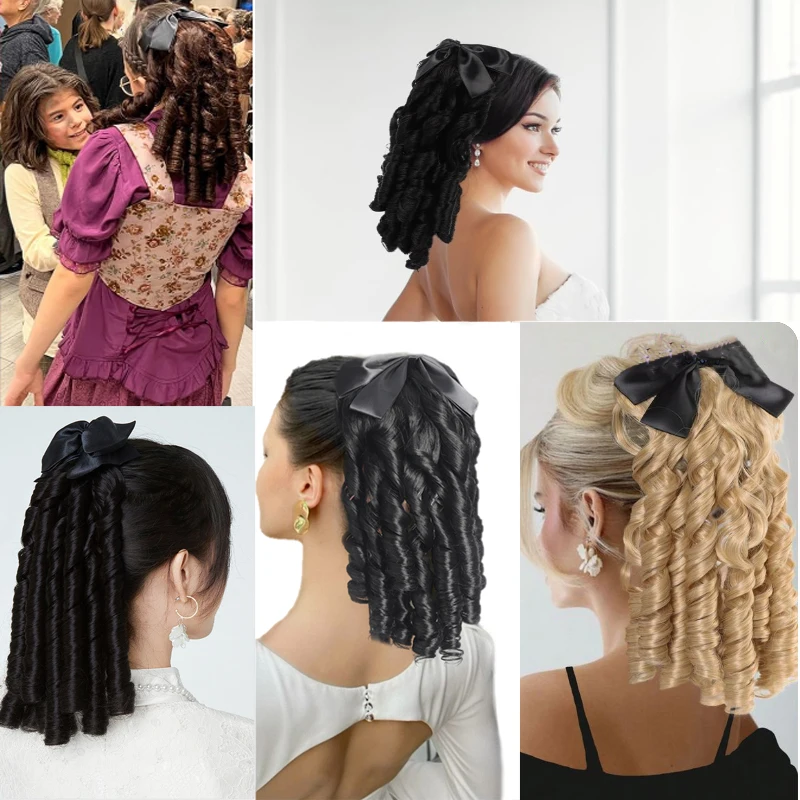 LUPU Princess Roman Style Curly Ponytail, Black Bow Retro Wig Extension Easy to Stretch Comb Style Wig Suitable for Women