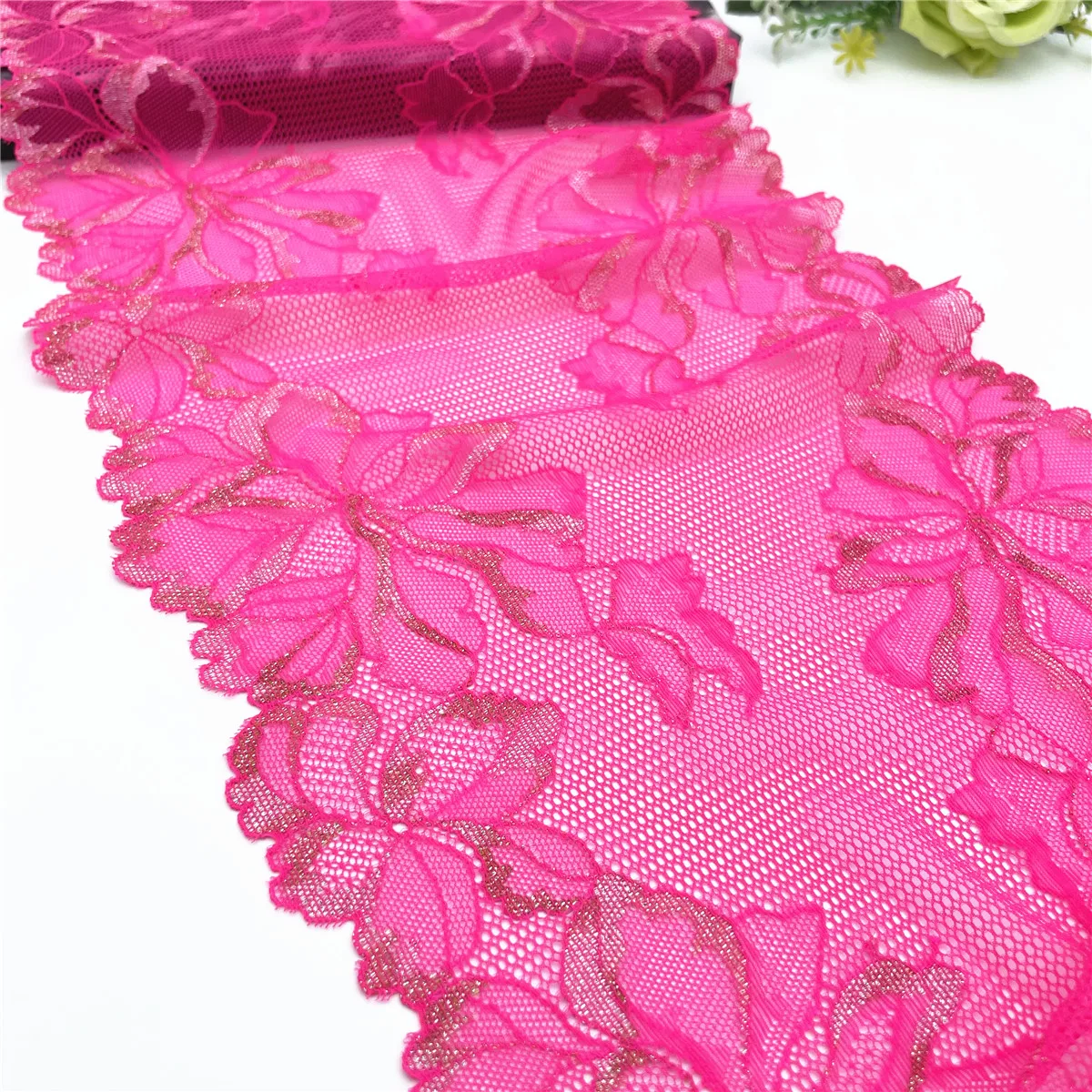 3y/lot Width 9inch 23cm Hot Pink Shiny Elastic Stretch Lace Trim 3