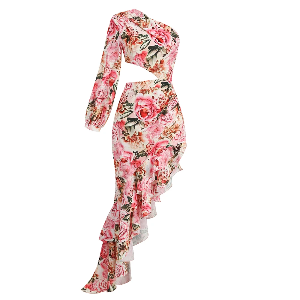 

Pink Flowers Mid-Calf One Shoulder Ruffles Cut Out Bodycon Long Sleeve New Women Summer Vacation Beach Party Celebrate Dress