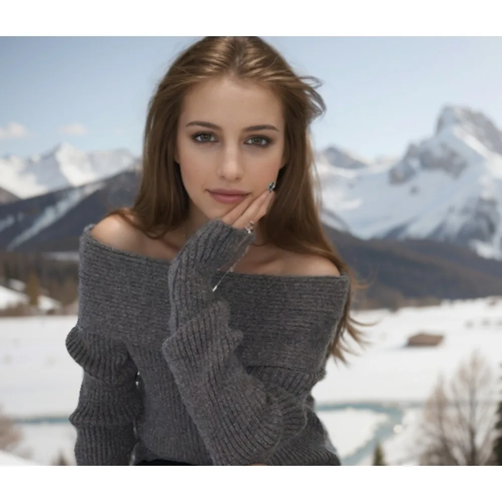 2024 Sexy White Flat-neck Sweater Base with Feminine Collarbone Off-the-shoulder Sweater for Slimming Out Wear 5
