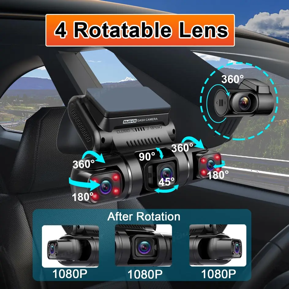 4 Channel 1080P+1080P+1080P+1080P WiFi GPS Car DVR Dual Lens 8 Infrared Light Night Vision 3 Lens 170 Degree Dash Cam Car Camera rear view mirror reverse camera