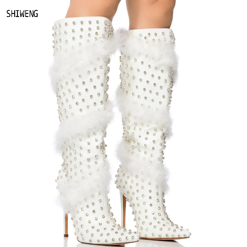 

44 Size Rivet Black/white Thigh High Boots Fur Decor Zip Pointed Toe Stiletto Heels Winter Boots for Women Solid Leather 2023