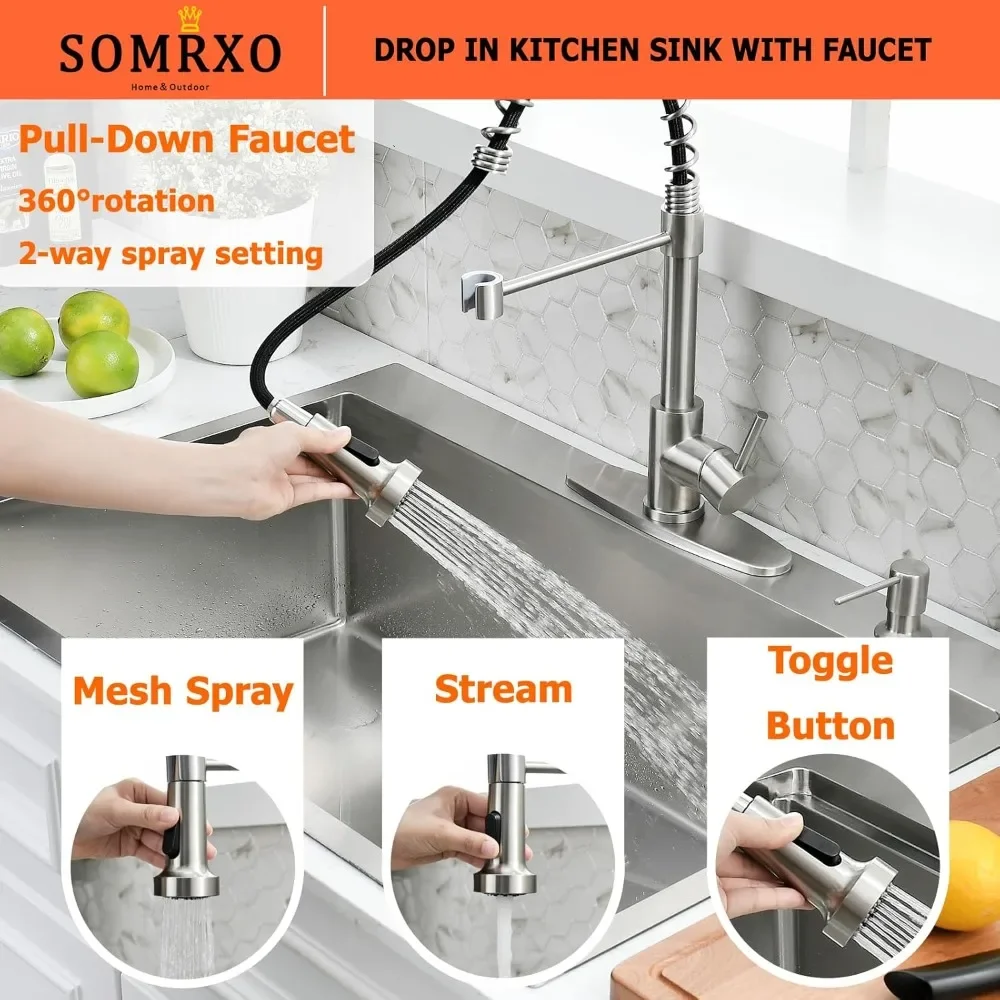 NEW-33×22 Drop In Kitchen Sink with Faucet Combo - Stainless Steel Kitchen Sink Drop In with Cup Washer, 9 Inch Deep Single Bowl