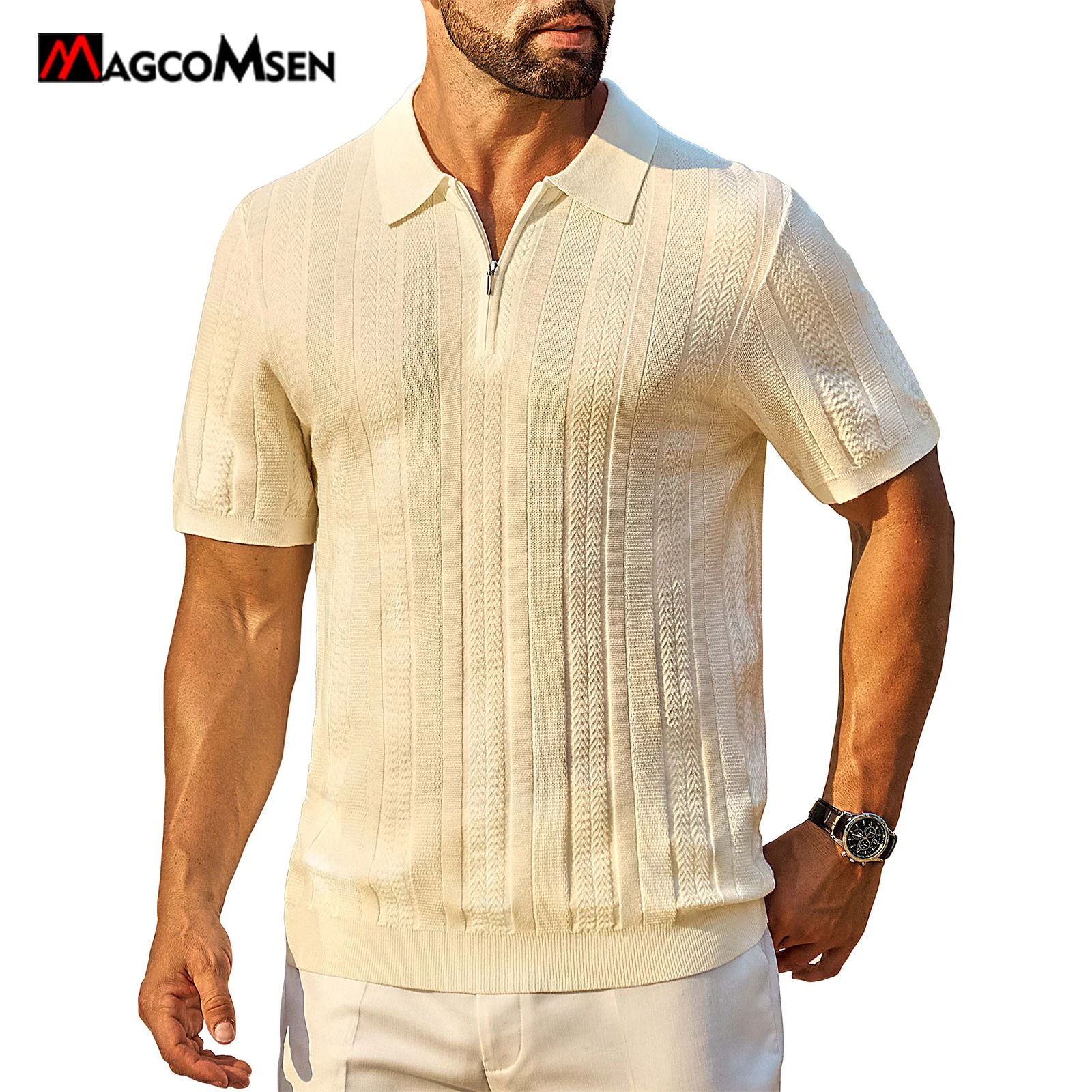 Polo Uomo in Maglia con Zip Manica Corta Estate Traspirante Elasticizzata Casual Golf Vestibilità Regular Leggera Moda MAGCOMSEN - immagine 3