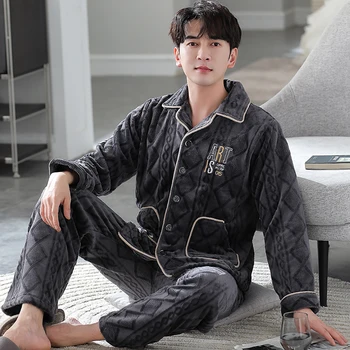 Winter Couple Pajamas Men Pajama Sets Double Sides Flannel Thick Warm  Pijama Fashion Embroidery Sleep Tops Antistatic Loungewear