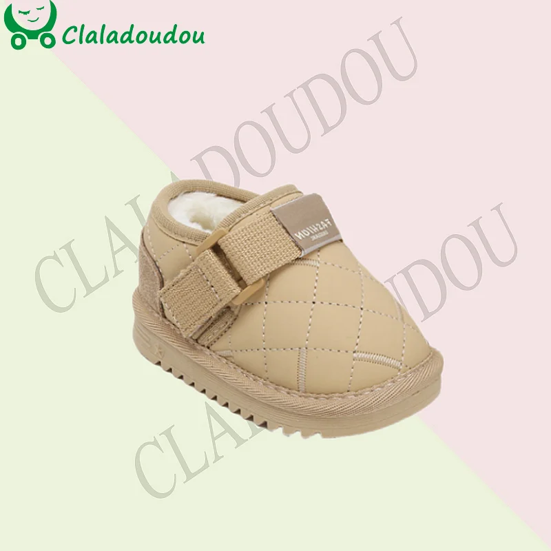 

High Quality Kids Winter Shoes For Boys Girls With Warm Plush Solid Khaki Beige Sewing Fashion Casual Boots Baby Warkers