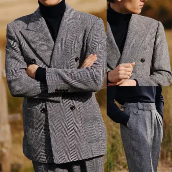 Abito autunno inverno Abito blazer da 2 pezzi Pantaloni da completo Beige Set Giacca da abito da caffè Giacca da abito ampia Pantaloni da abito su misura 1