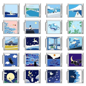 Blue Moon Night Star Cats Sea Whale Beach Sky Italian Charm Links Fit 9mm Stainless Steel Bracelet Men Women DIY Making Gifts 1