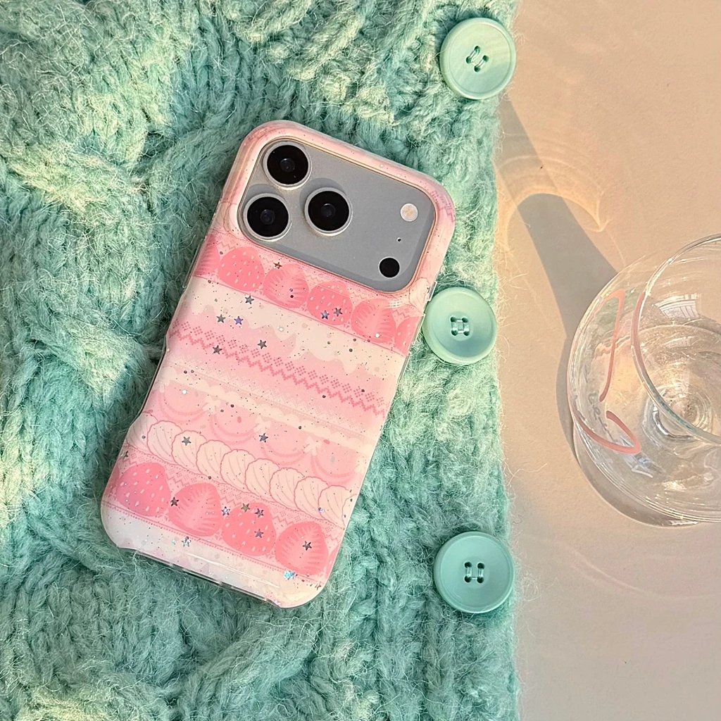 Charming Strawberry Star Glitter Shockproof Protective Phone Case - Pink Cream Edition