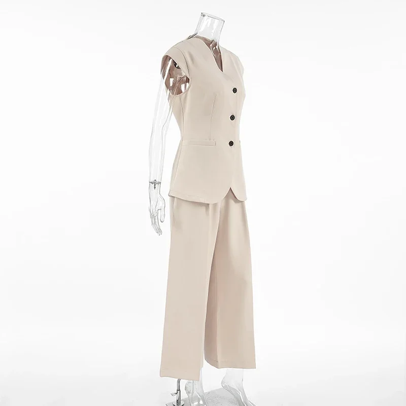 Elegant Waistcoat Pants Set For Women 2 Pieces Single Breasted Tank Wide Leg Trousers 2025 Spring Summer Lady Commute Outfits