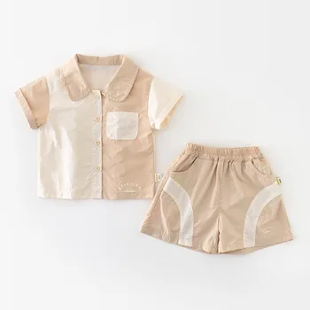 2025 صيف جديد للأطفال الميكا اللون حظر مجموعة 1-5 سنة الأولاد طفل موضة طوق قصيرة الأكمام السراويل 2 قطعة مجموعة 5