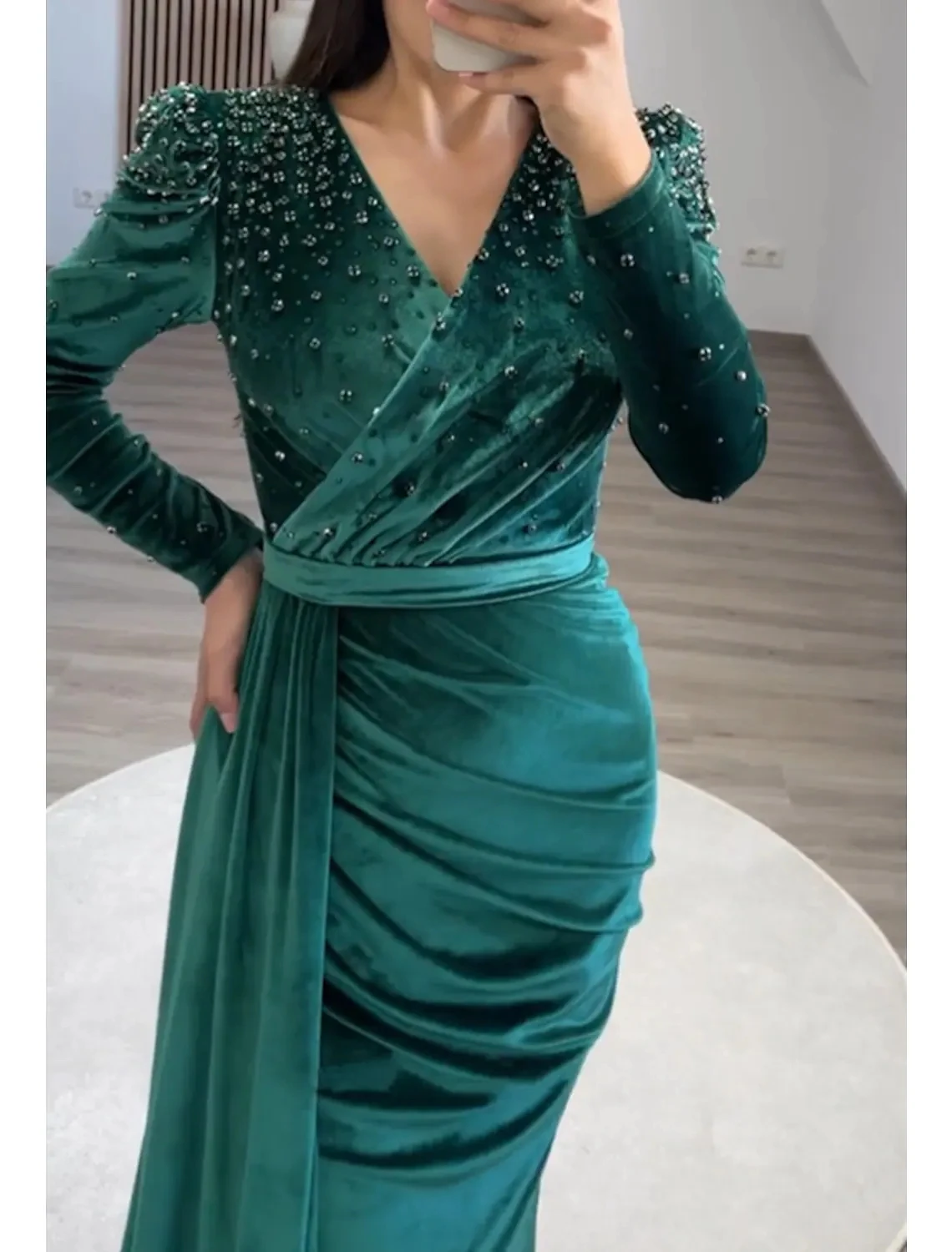 2023 Taffeta Mermaid Prom Dresses Long Sleeve Beaded Ruched Evening Gowns Arabic  Front Split Sexy Women Gowns Vestidos