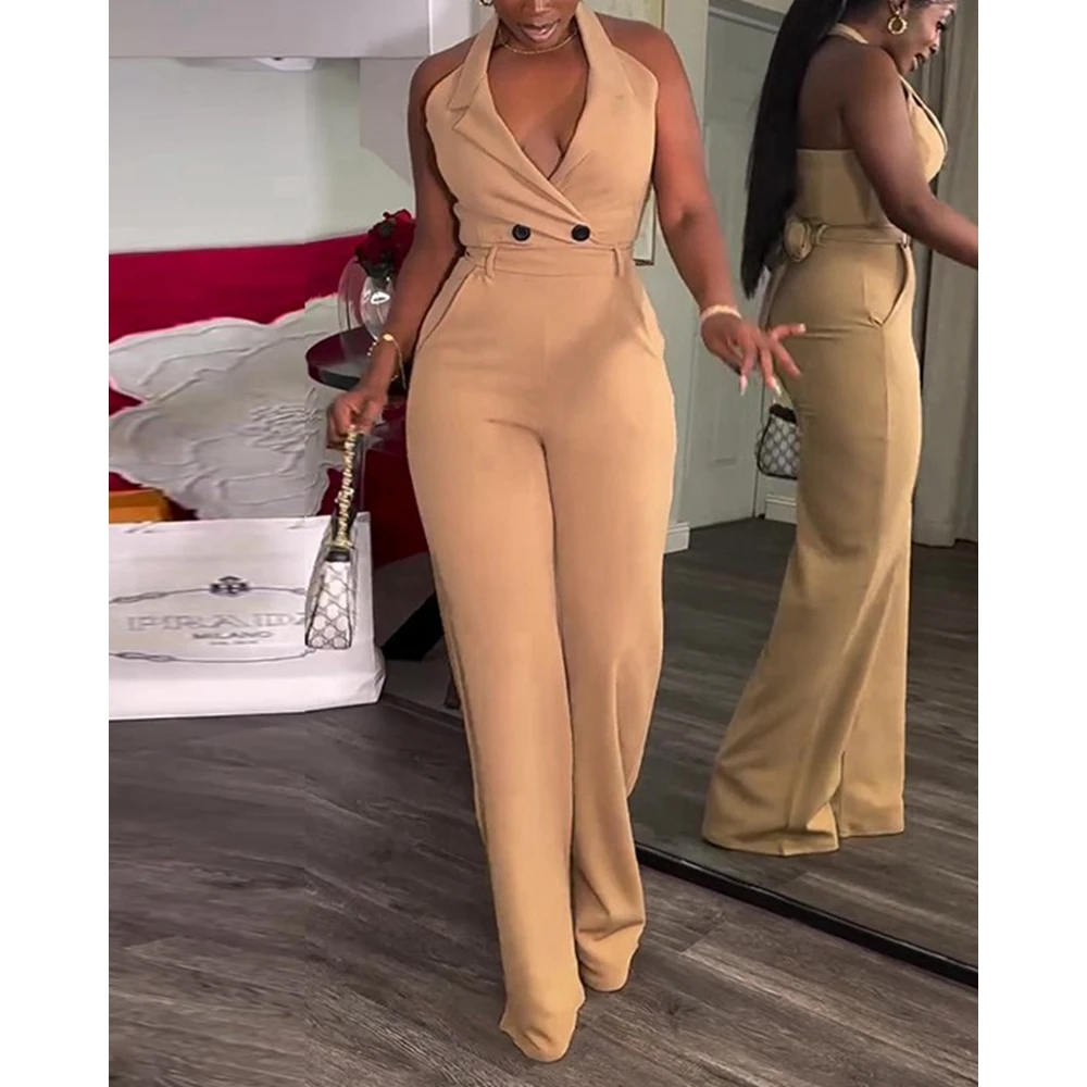 Women Elegant Sleeveless Halter Backless Deep V-Neck Jumpsuits Lady Summer Wide Leg Work One-Piece Jumpsuit Workwear Outfit solid color jumpsuit good workmanship streetwear sexy knot sleeveless lady jumpsuit for stage show