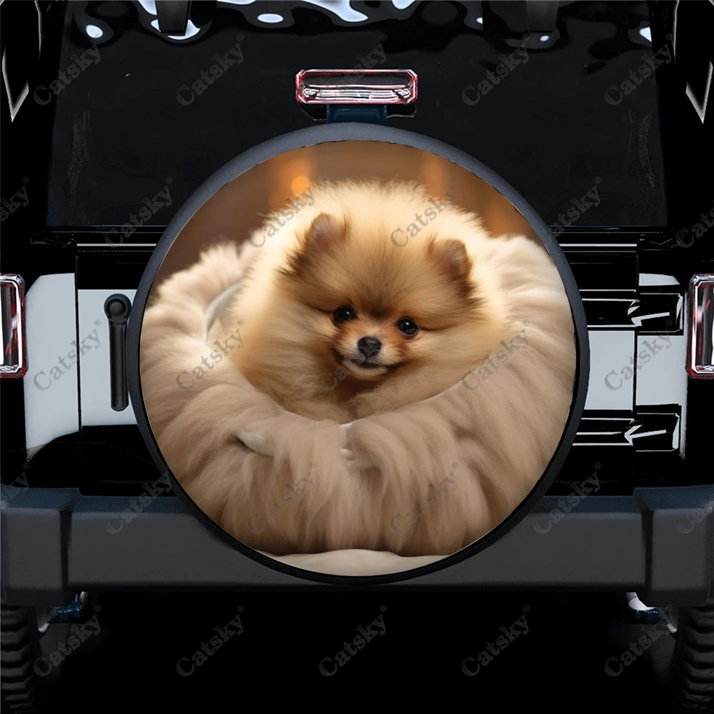 

Pomeranian Puppy Polyester Universal Spare Wheel Tire Cover Custom Tire-Covers for Trailer RV SUV Truck Camper
