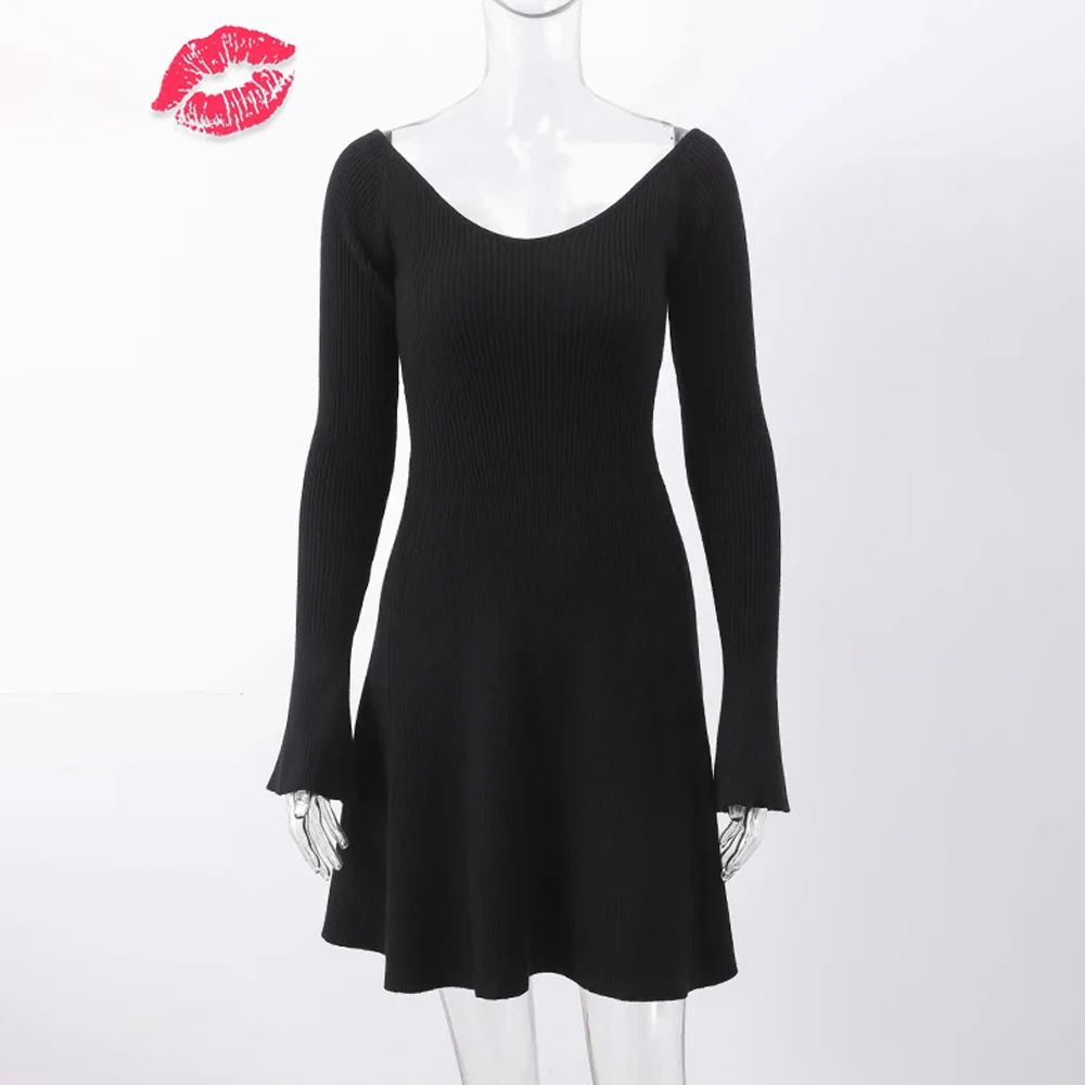 Knit Off-Shoulder V-Neck Mini Dress For Women Ribbed Loose Casual High Waist Long Sleeve Knitwear Dress Women's Mini Dress
