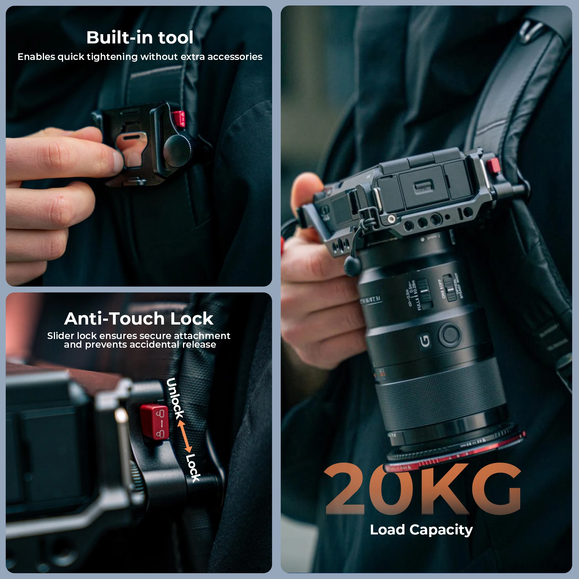 Backpack Quick Release Clamp Compatible DSLR Cameras and 1/4" Screw Devices Ligh