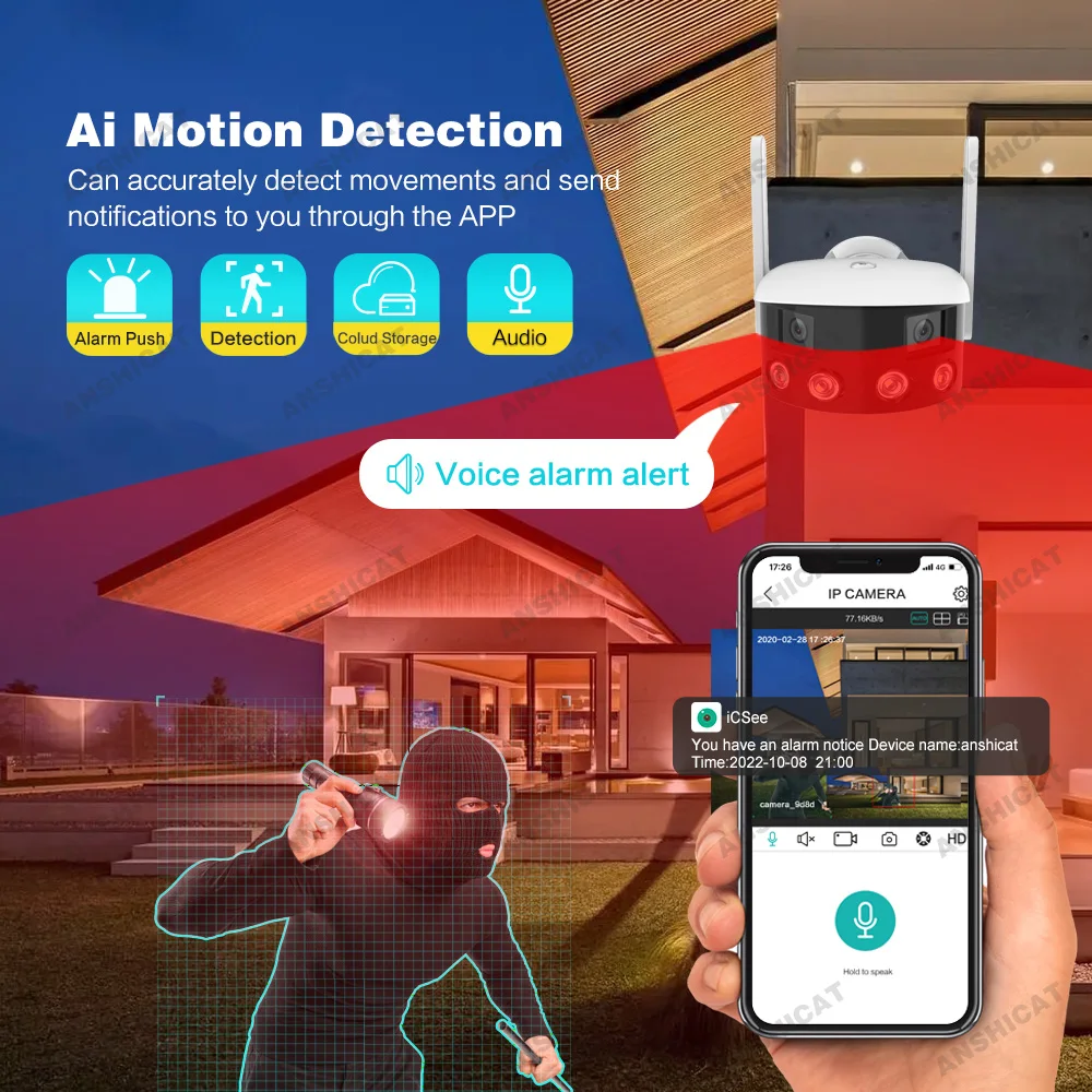ANSHICAT ʱ ĳ  AI ΰ , Onvif  IP ī޶, 4k 180, 180  ī޶, 2K ICSEE, 8MP