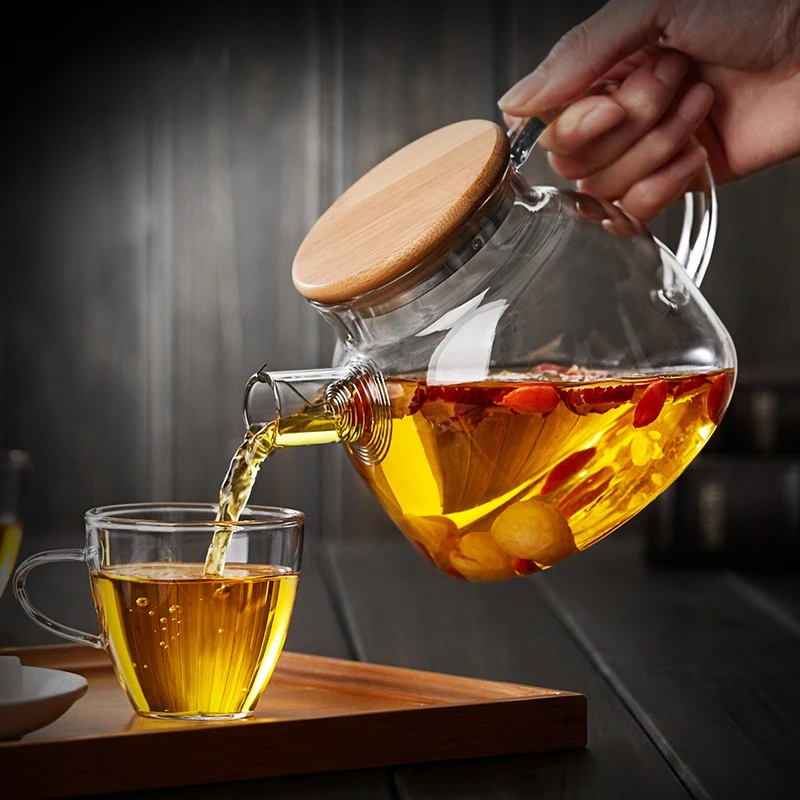 

1000ml 1600ml Large Capacity Transparent Glass Teapot Heat-resistant Filter Flower Teapot With Bamboo Cover With Handle Juice