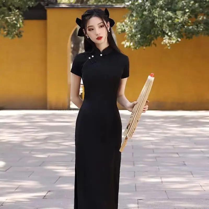 

Chinese Dress Qipao Modern Women Black Slim Long Cheongsam Traditional Hanfu Vintage Vestido Lady Elwgant Cheongsam Dress