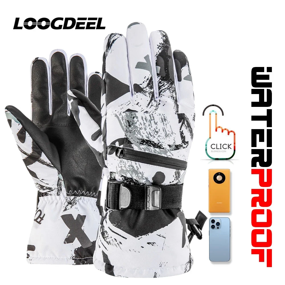 Winter Snowboard Ski Gloves PU Leather Non-slip Touch Screen Waterproof Motorcycle Cycling Fleece Warm Snow Gloves Unisex