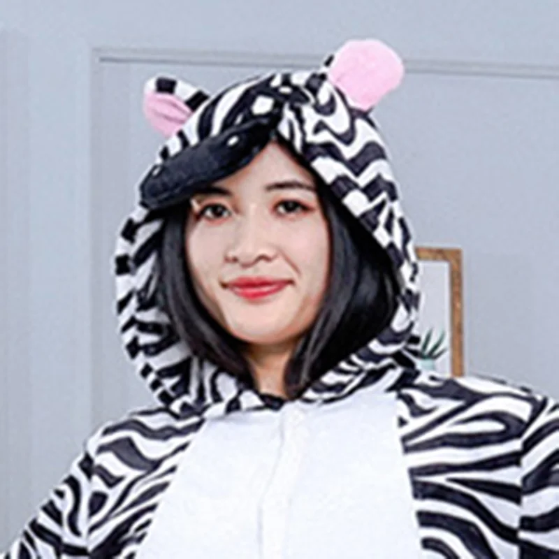 Zebra Nightgown Kigurumi Lingerie One Piece Pajamas Homewear Halloween Cosplay Costumes Fluffy Sleepwear For Adult Long Sleeve