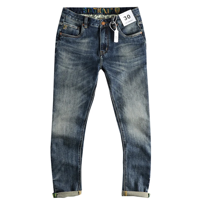 Waist Embroidery Denim Jeans for Men Dark Blue Washed Slim Fit Straight Pants Autumn Youth Male Cityboys American Vintage Casual 6