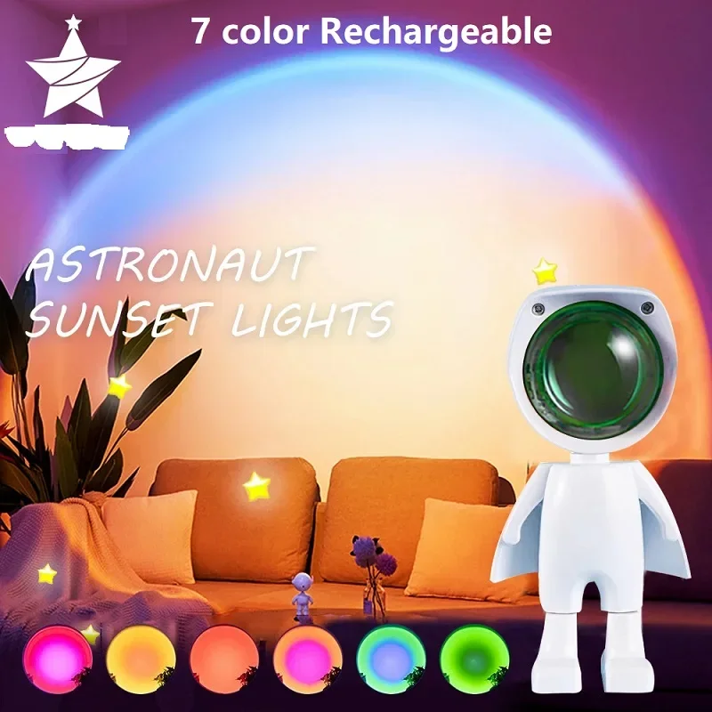 

LED Astronaut Sunset Lamp Rainbow Projector Night Light USB Rechargeable Touch Control, Dimmable Bedroom Ambient Lights