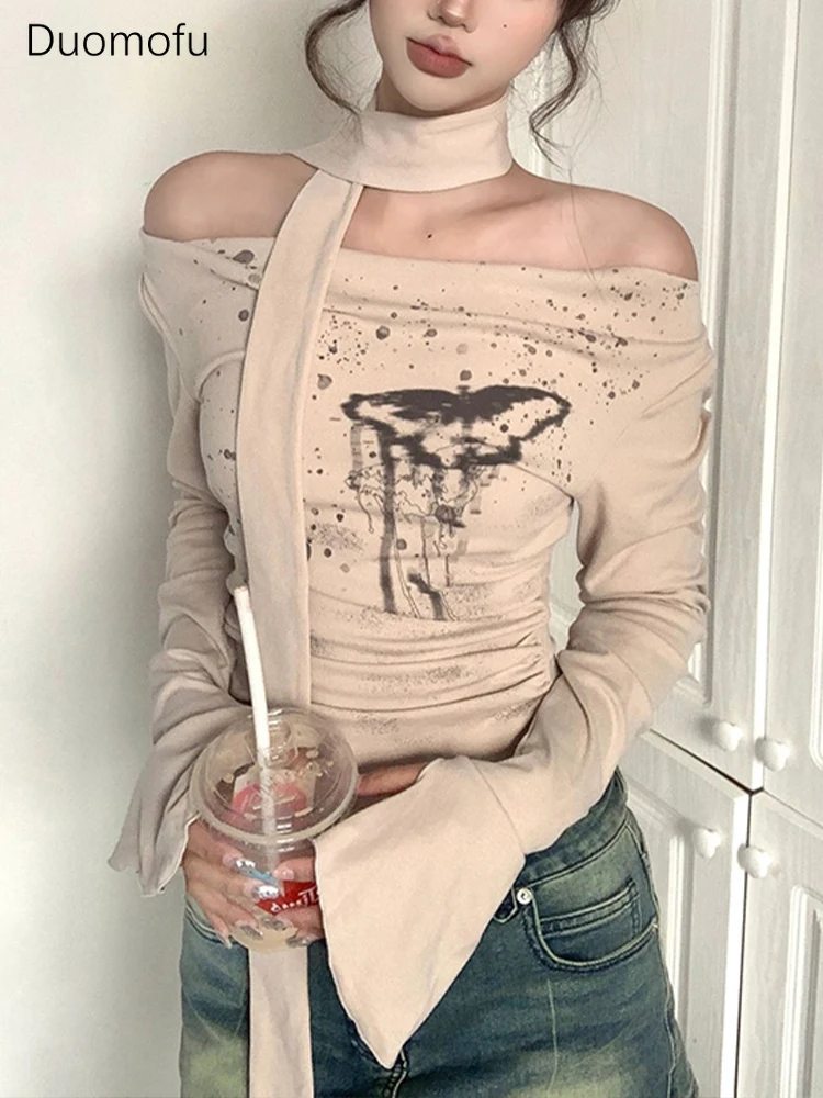 

Duomofu Y2k Print Crop Top Women Autumn Flare Sleeve Sexy Off Shoulder T Shirt with Scarf Female Vintage Fashion Basic Slim Tees