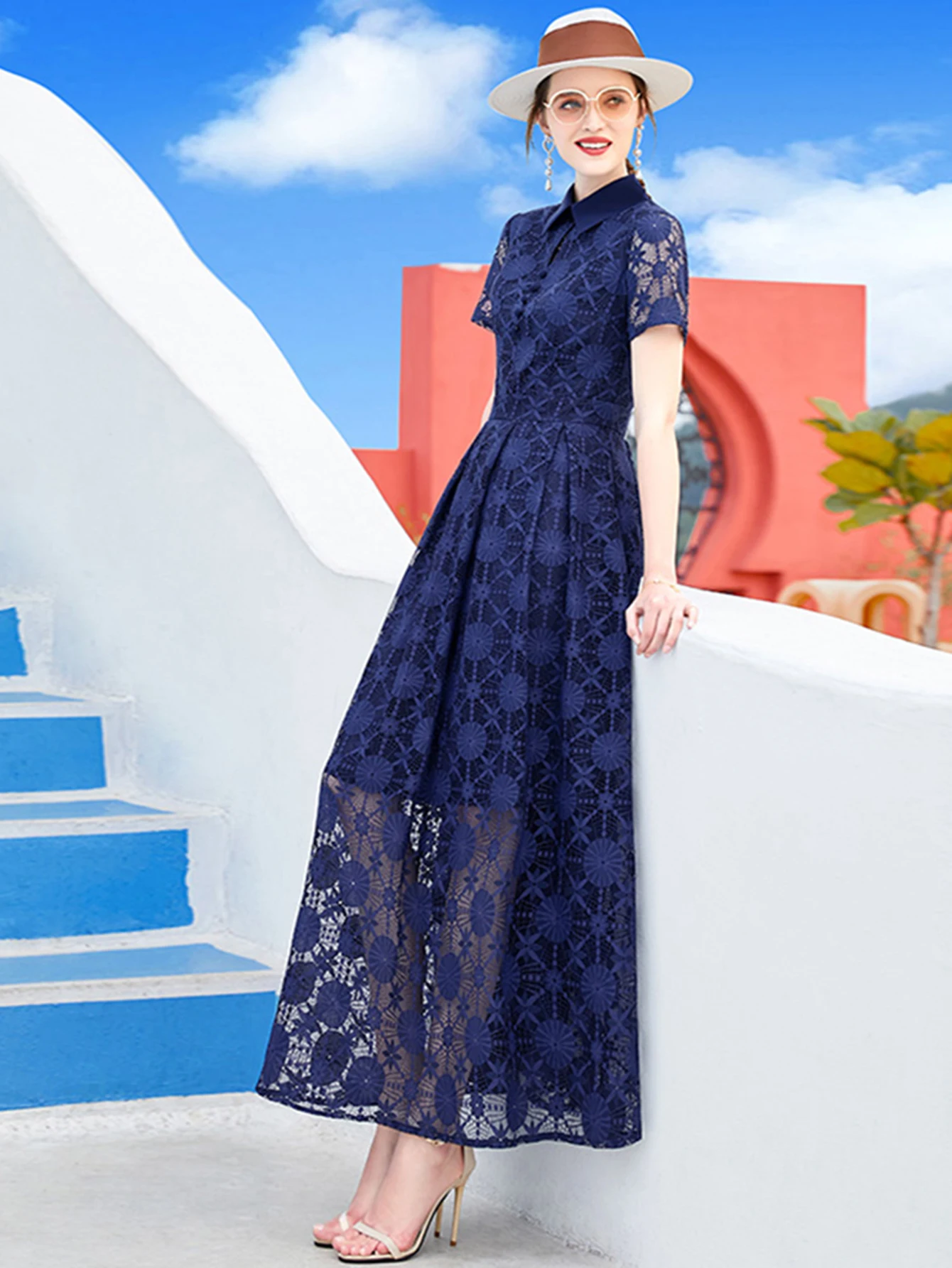 Vestido largo de chiffon y encaje con espalda descubierta Azul tinta Tallas Grandes