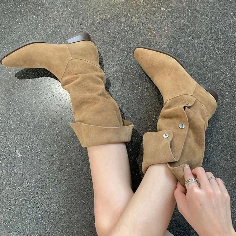 Mid Calf Chunky Chelsea Boots Women Winter Shoes 2023 New Designer Suede High Boots Casual Mid Heels Goth Snow Motorcycle Botas