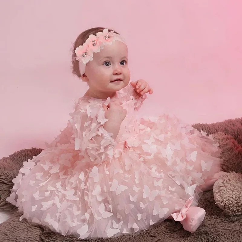 

2023 New Born Baby Long Sleeve Mesh Princess Dress Three-dimensional Butterfly Puffy Dress for Birthday Girl Big Bow Party Dress
