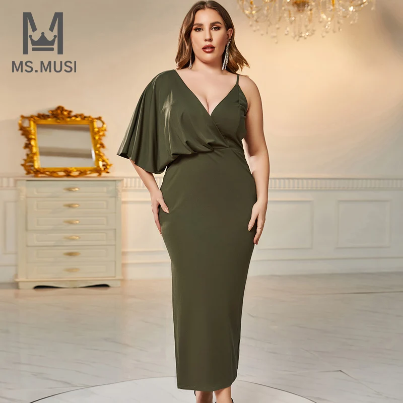 

MSMUSI 2023 New Fashion Women Sexy One Shoulder V Neck Draped Falbala Ruffles Bodycon Party Club Event Slim Midi Dress Vestidos