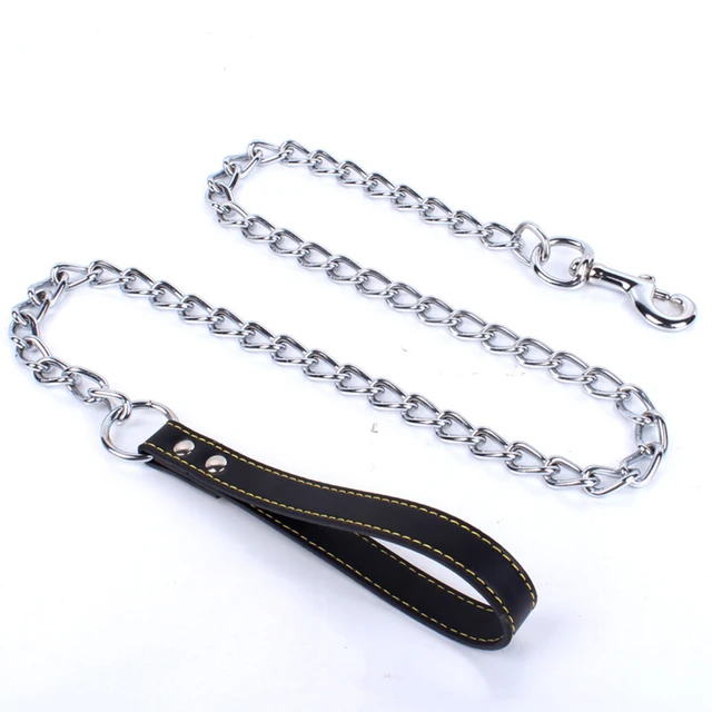 Heavy Duty Metal Chain Dog Lead With Leather Handle Long Strong Control