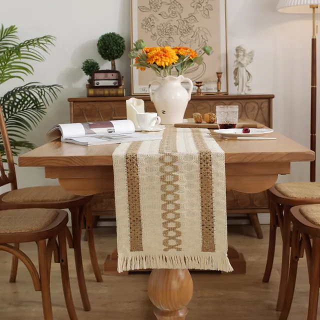 Boho Farmhouse Linen Table Runner–Rustic Macrame with Tassels, Burlap & Cotton Blend for Home Decor and Holiday Events 1