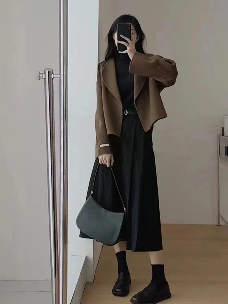 

UNXX Autumn/Winter Chic Women Coffee Short Cropped Blazer + High Waist Center Buttons with Belt Skirt Set 2 Pieces Set Vintage